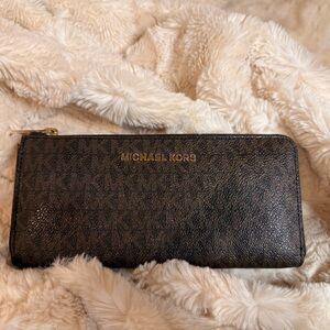 Michael Kors Dark Brown MK Signature Zip-Around Wallet with Gold Hardware